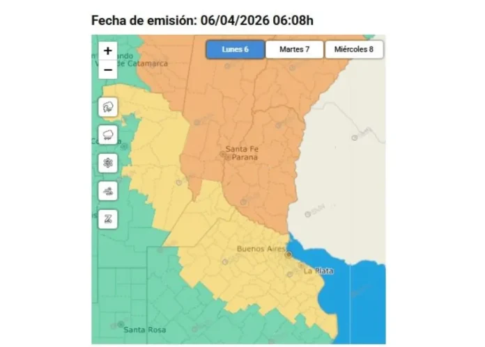 Mapa del pronóstico del tiempo mostrando la provincia de Entre Ríos bajo alerta naranja por tormentas.