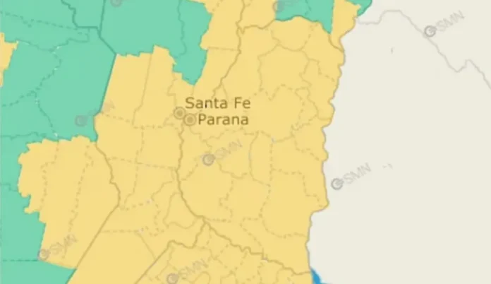 Mapa de la provincia de Entre Ríos con alerta amarilla por bajas temperaturas