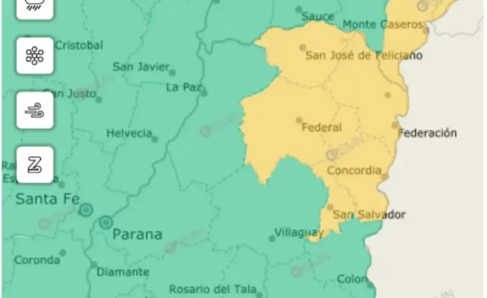 Mapa de alerta meteorológica en Entre Ríos con zonas en amarillo
