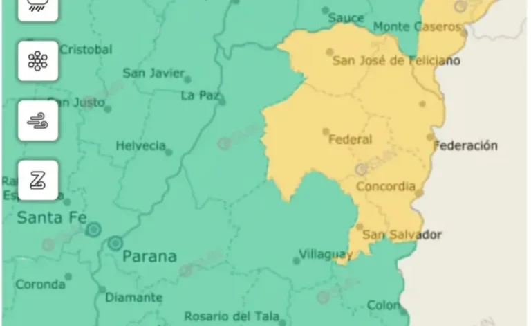 Mapa de alerta meteorológica en Entre Ríos con zonas en amarillo