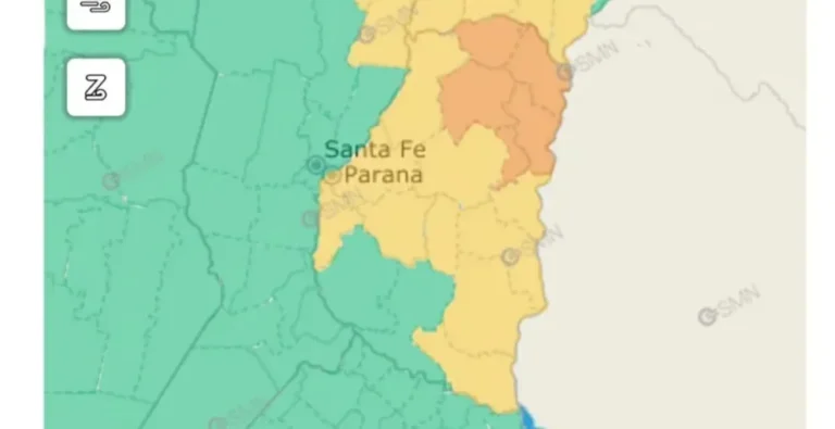 Mapa de alertas meteorológicas en Entre Ríos